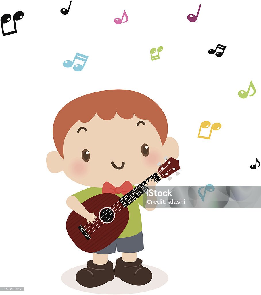 Menino bonito tocando guitarra e cantando (ukulele - Vetor de Criança royalty-free