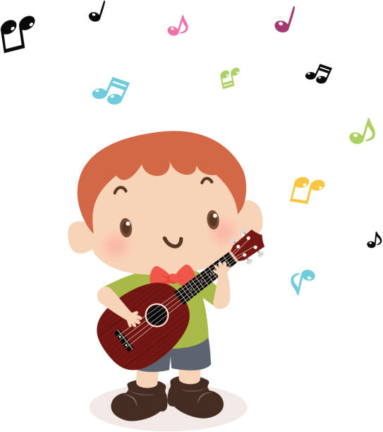 Cute boy playing guitar(ukulele) and singing Vector illustration - Cute boy playing guitar(ukulele) and singing. notes on guitar neck stock illustrations