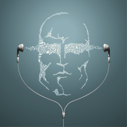 A man's face made of music notes coming out of earphones.