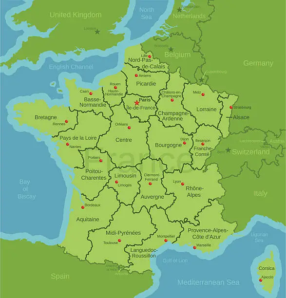 Vector illustration of France Map showing Regions