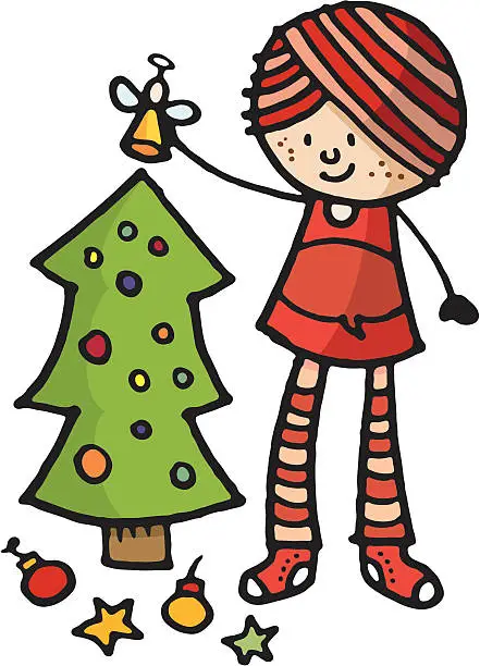 Vector illustration of Christmas girl decorating tree