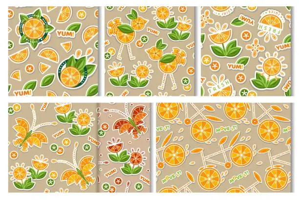 Vector illustration of Patterns with orange fruits, slices of orange