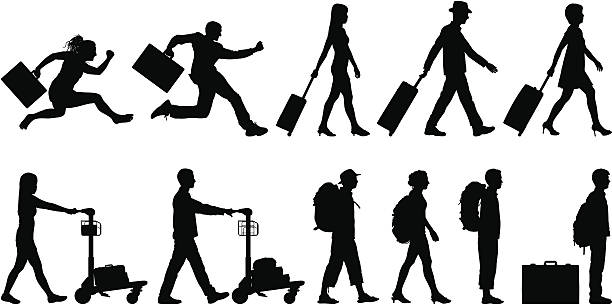 ilustraciones, imágenes clip art, dibujos animados e iconos de stock de los viajeros - pushing pulling men silhouette