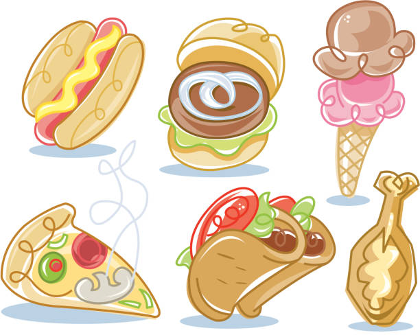 illustrazioni stock, clip art, cartoni animati e icone di tendenza di cibo spazzatura-pizza hot dog gelato pollo fritto - pepperoni pizza green olive italian cuisine tomato sauce