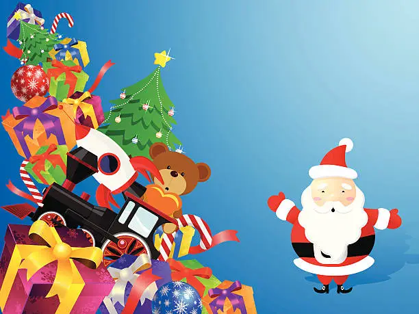 Vector illustration of Cartoon animation of Santa Claus and a mountain of gifts