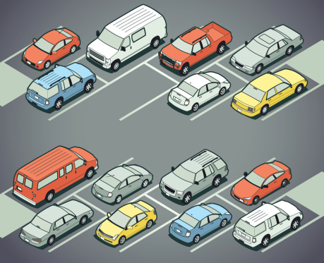 Detailed isometric vehicles in a lot.