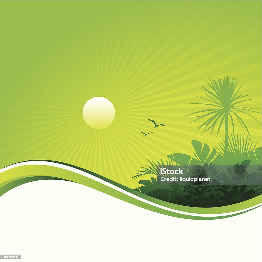 Fondo puesta de sol Tropical - arte vectorial de Hoja de banana libre de derechos