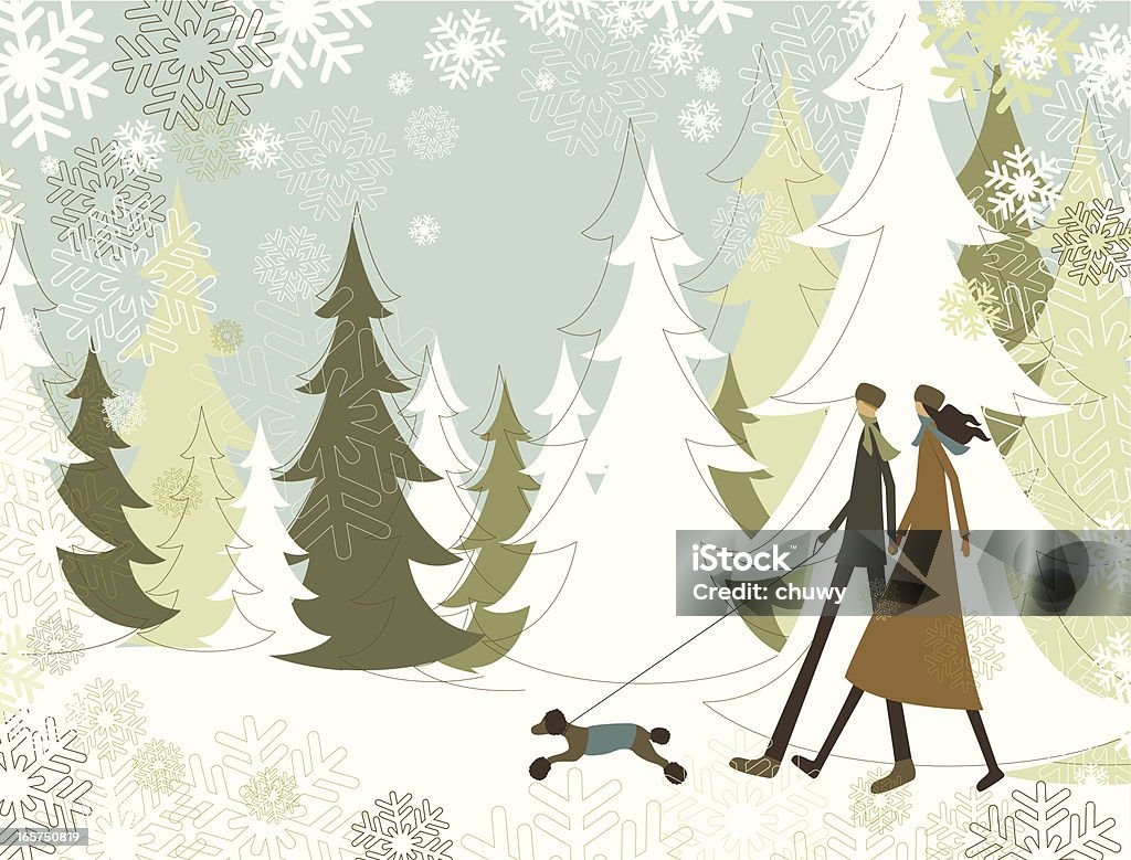 Christmas landscape with walking couple Winter landscape with couple walking with their dog. Christmas stock vector