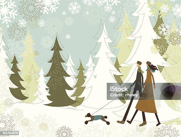 Christmas Landscape With Walking Couple Stock Illustration - Download Image Now - Christmas, Couple - Relationship, Dog