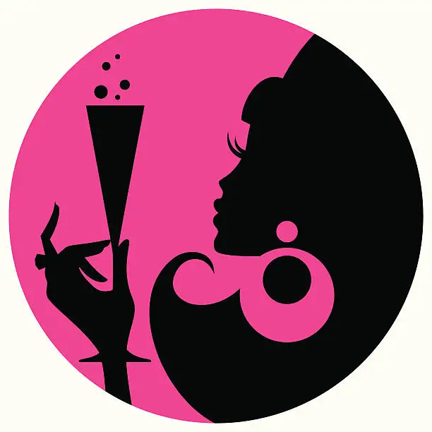 Vector illustration of Silhouette of woman holding champagne glass over pink