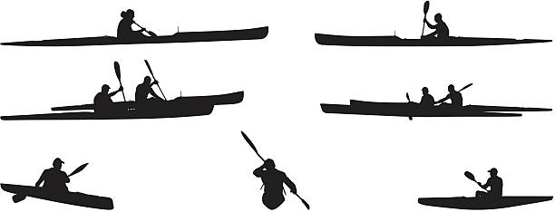 illustrazioni stock, clip art, cartoni animati e icone di tendenza di kayak - silhouette kayaking kayak action