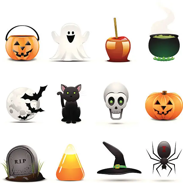 Vector illustration of Twelve Halloween themed icons on a white background