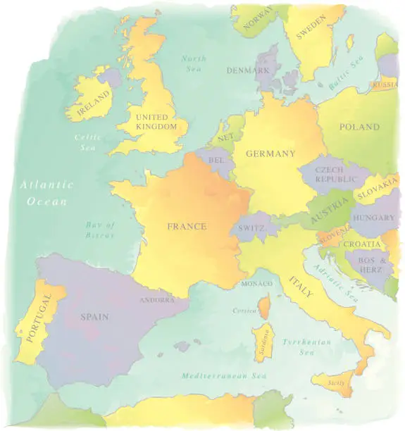 Vector illustration of Watercolor-Style Vector Map of Western Europe