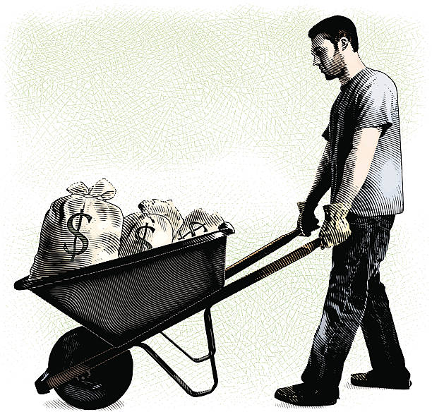 Man And Wheelbarrow Filled With Money Bags Engraving style illustration of man and wheelbarrow filled with money bags. sack barrow stock illustrations