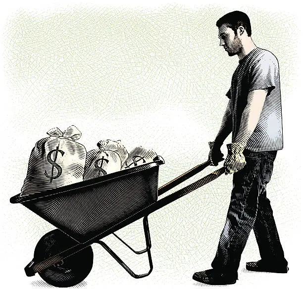 Vector illustration of Man And Wheelbarrow Filled With Money Bags
