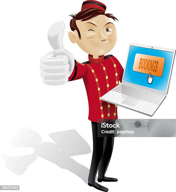 Funny Bellboy Online Booking Thumbs Up Isolated Full Picture Stock Illustration - Download Image Now