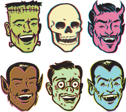 this is an illustration of Frankenstein, a skull, the devil, a wolf man, a ghoul or the local crackhead, and Dracula. all drawn in a retro vintage style. 