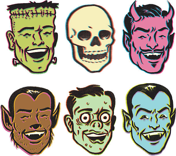 Retro Monster Party this is an illustration of Frankenstein, a skull, the devil, a wolf man, a ghoul or the local crackhead, and Dracula. all drawn in a retro vintage style.  demon fictional character stock illustrations