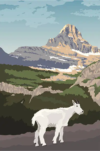 Vector illustration of Glacier National Park with Mountain Goat