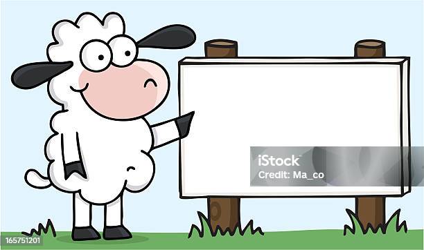 Comic Schaf Zeigt Auf Leere Schild Stock Vektor Art und mehr Bilder von Schaf - Schaf, Anzeigetafel, Bauernhaus
