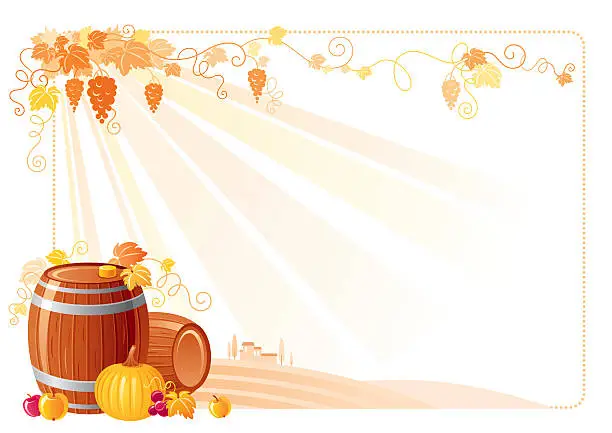 Vector illustration of Winemaking frame with cask, pumpkin, apples and grapes
