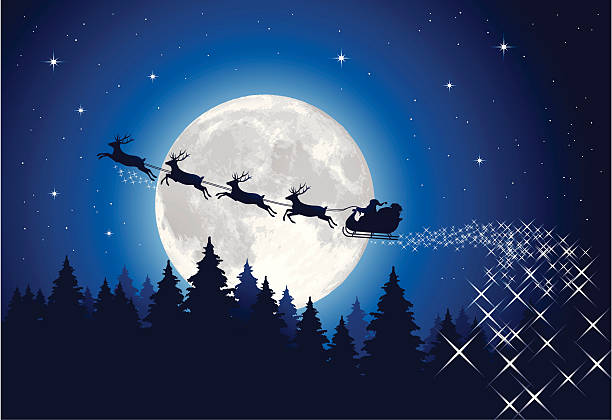 ilustrações, clipart, desenhos animados e ícones de papai noel trenó à noite - lua cheia lua