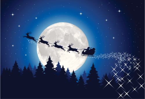 Illustration of Santa's sleigh in front of the moon. Hi-res jpg included (4810x3308px) and EPS-8 file.