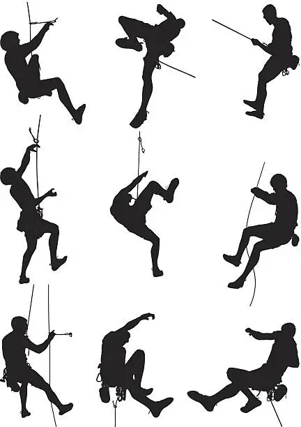Vector illustration of Men rappelling and rock climbing