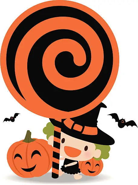 Vector illustration of Cute Witch Holding Lollipop Sign with bat and Pumpkin