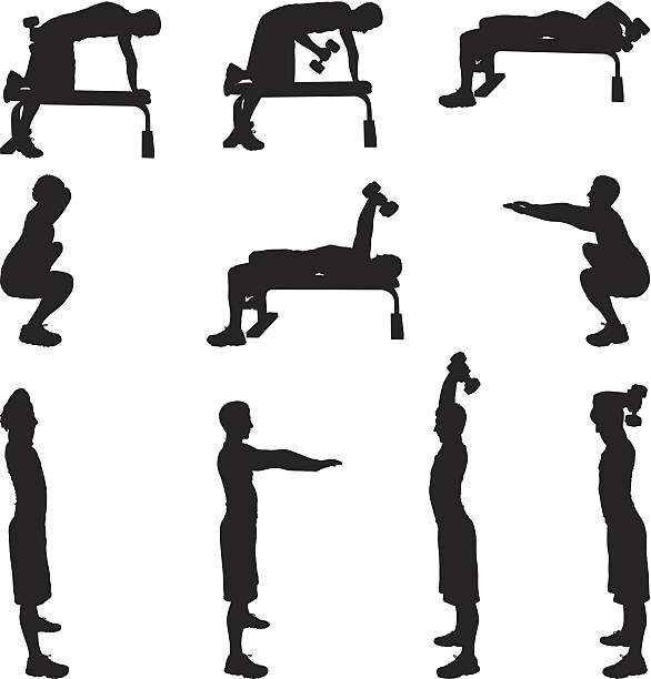 항상 남자 찾아냄 - stretching exercising gym silhouette stock illustrations