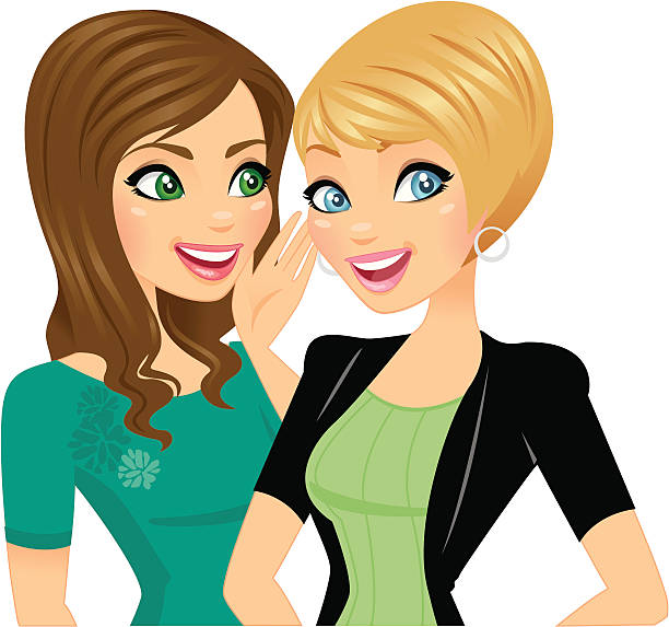 Cartoon of two young women smiling and talking vector art illustration