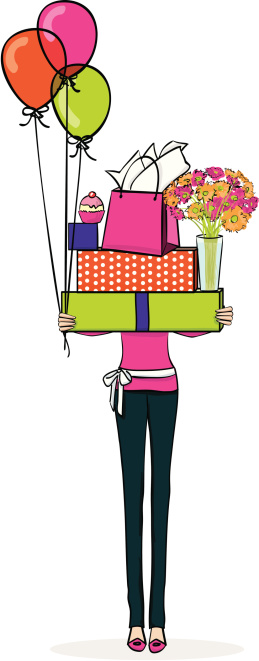 A woman carrying presents, balloons, and flowers. Colors on layer for easy editing.
