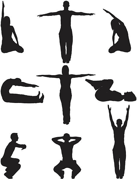 ilustraciones, imágenes clip art, dibujos animados e iconos de stock de relajación de yoga hombres y mujeres - mujer agachada perfil