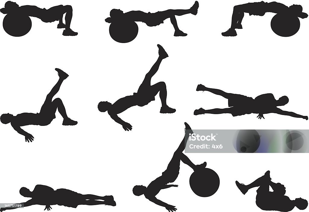 Hombre de gimnasio haciendo su rutina de ejercicios abdominales - arte vectorial de Pelota de ejercicio libre de derechos