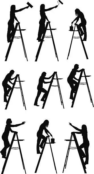 Vector illustration of Female painter up on a ladder