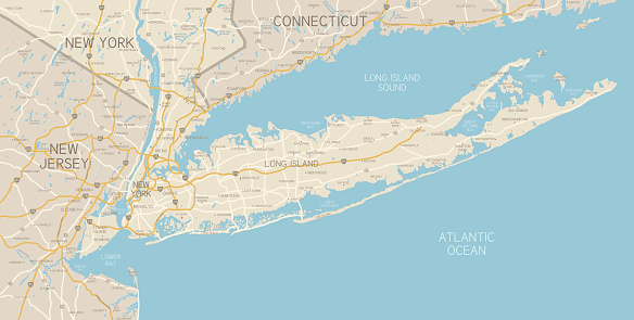 A map of the region around New York City and Long Island, including New Jersey and the coast of Connecticut. Includes major highways, cities, and lakes. Elements are grouped and separate for easy changes and removal. Includes an extra-large JPG so you can crop in to the area you need. 