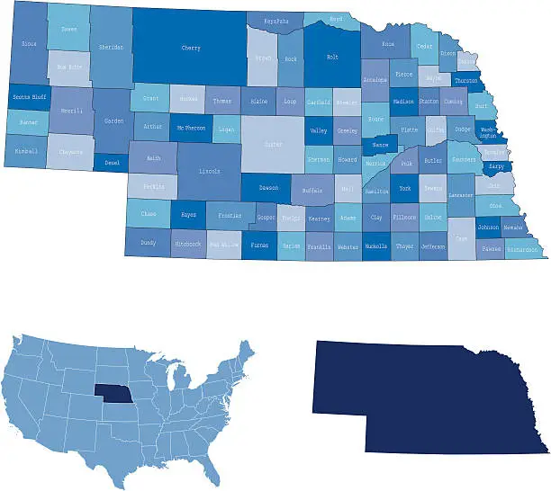 Vector illustration of Nebraska state & counties map