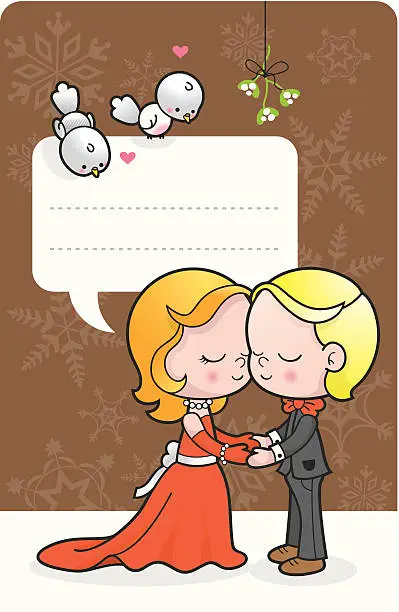 Vector illustration of Under the mistletoe couple kids message label