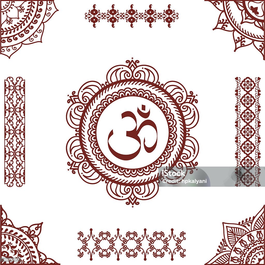 Mehndi Aum An aum (om) symbol surrounded by a collection of corner and border design elements, all inspired by the art of mehndi (henna painting). (Includes .jpg) Om Symbol stock vector
