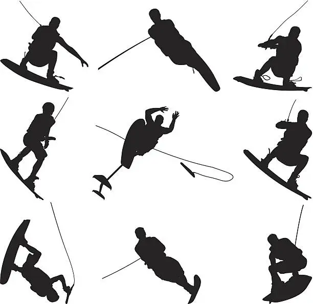 Vector illustration of Men doing awesome tricks while wake boarding