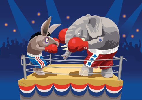 Elephant and Donkey going toe to toe on Election Day in the Ring of Public Opinion. Boxing ring in stadium is decorated with election bunting. Art on easily edited layers. Download also includes a large high-res jpeg.