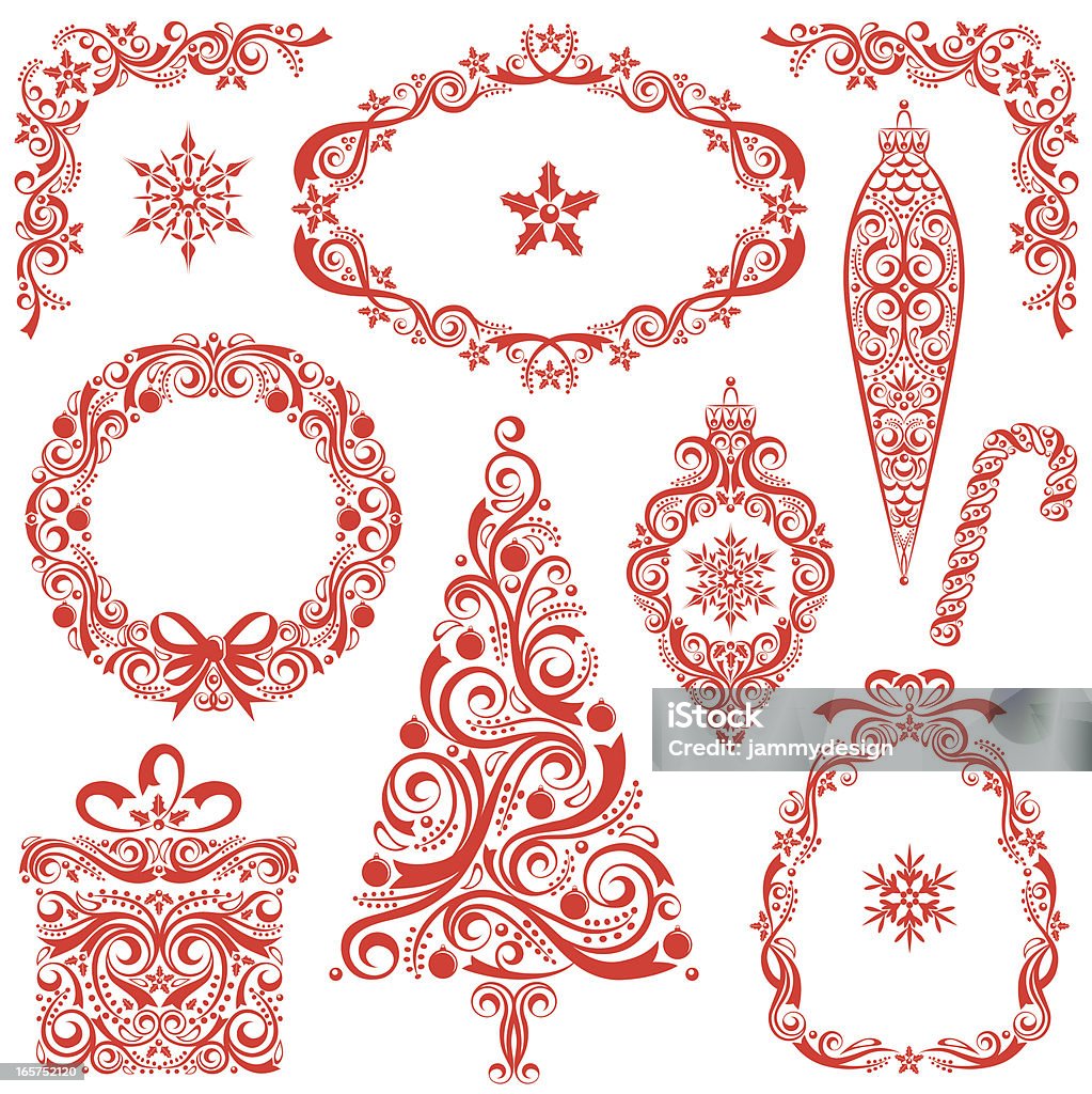 Stylized Christmas Set Christmas Tree, Wreath, Ornaments, Santa Bag, Present, Candy Cane, Frame, and Decorative Corners. Wreath stock vector