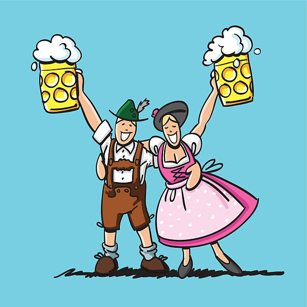 счастливый октоберфест пара пиво - german culture oktoberfest dancing lederhosen stock illustrations