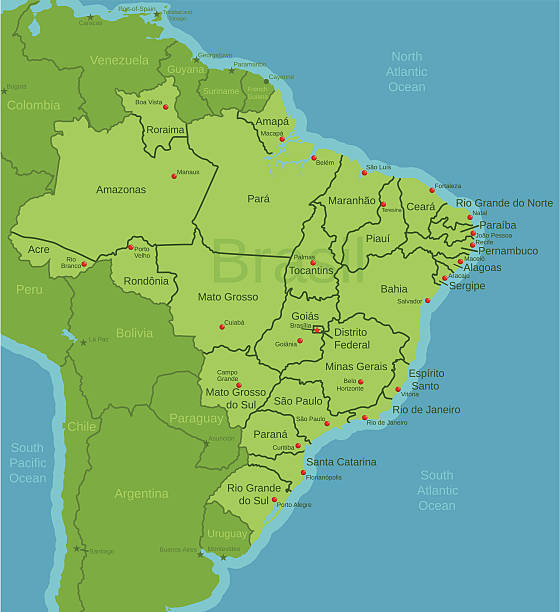 Brazil Map showing states This file is a map highlighting Brazil as well as it's states and capital cities. This map also shows surrounding countries and capital cities if present. This map has text labels for the countries, states, capital cities and major bodies of water. ZOOM IN on this highly detailed map, it is a great addition to the collection. This file will work well for your print or web based project. This file is layered and grouped (labeled in ai v10 file), making it a very easy file to work with. This download contains an editable ai v10 and eps file, as well as a large JPG file.  mount roraima south america stock illustrations