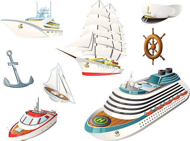 illustrazioni stock, clip art, cartoni animati e icone di tendenza di navi e navi - isometric nautical vessel yacht sailboat