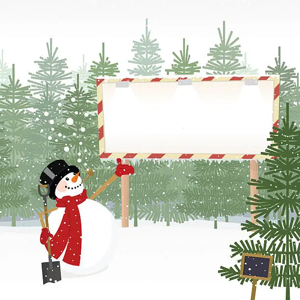 Vector illustration of Christmas trees for sale and snowman with billboard