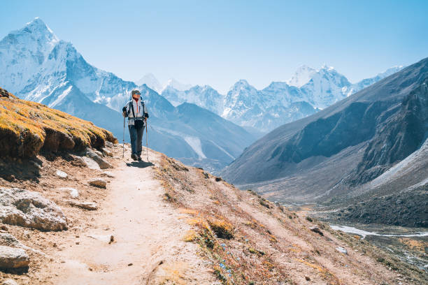 istock Young hiker backpacker female taking a walking with trekking poles during high altitude Everest Base Camp route near Dingboche,Nepal. Ama Dablam 6812m on background. Active vacations concept 1657523467