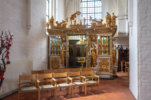 Elsinore, Denmark - Jun 27, 2019: Baptismal font  of St. Olafs Church - Helsingor, Denmark