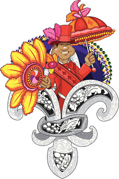 Second Line-Red Grand Marshall New Orleans Second Line grand marshall in vibrant red outfit exploding from ornate, wrought iron fleur de lis. All main elements on seperate layers and grouped for easy selection. Fleur de lis rendered complete for seperate use. new orleans fleur de lis stock illustrations