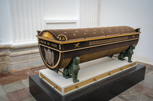 Roskilde, Denmark - Jun 25, 2019: Christian VII Sarcophagus - Frederik V Chapel at Roskilde Cathedral - Roskilde, Denmark